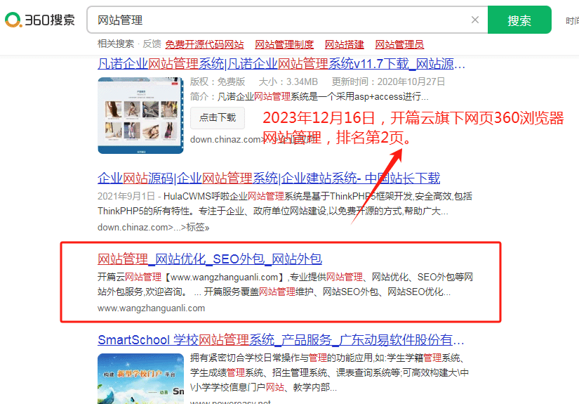 12月16日，360搜素引擎關(guān)鍵詞排名情況：開(kāi)篇云旗下網(wǎng)站管理網(wǎng)站，關(guān)鍵詞排名360第2頁(yè)。